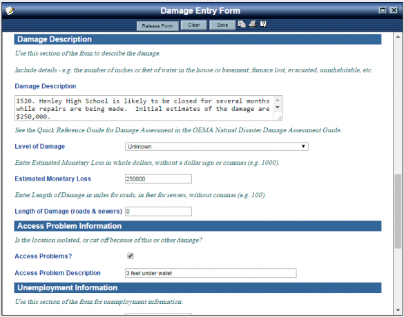 Damage Input form in OpsCenter