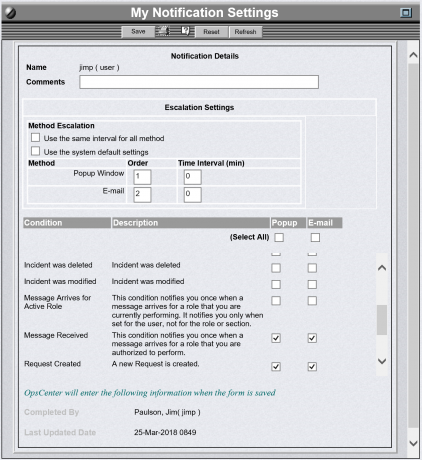 OpsCenter screen that allows a user to set their own Notifications