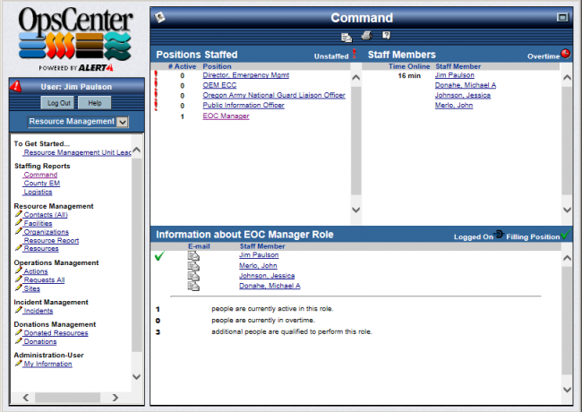 Staffing Report View of EOC Manager Role